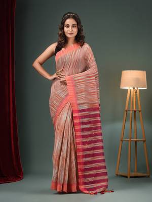 Grey And Orange Cotton Blend Handwoven Saree With Stripes Pallu 1