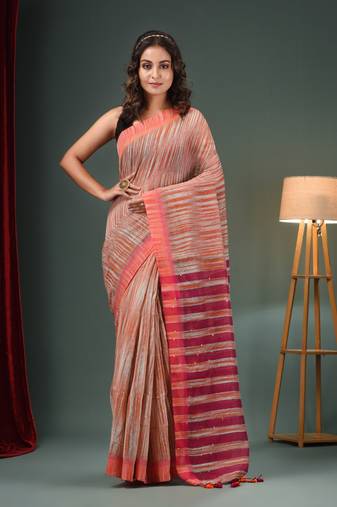 Grey And Orange Cotton Blend Handwoven Saree With Stripes Pallu