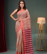 Grey And Orange Cotton Blend Handwoven Saree With Stripes Pallu