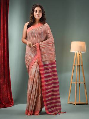 Grey And Orange Cotton Blend Handwoven Saree With Stripes Pallu 2