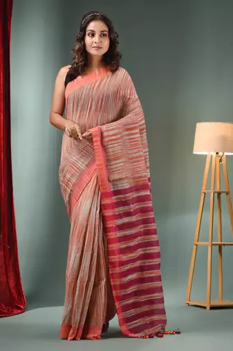 Grey And Orange Cotton Blend Handwoven Saree With Stripes Pallu