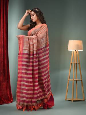 Grey And Orange Cotton Blend Handwoven Saree With Stripes Pallu 3