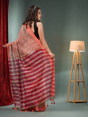 Grey And Orange Cotton Blend Handwoven Saree With Stripes Pallu 4