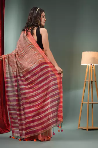 Grey And Orange Cotton Blend Handwoven Saree With Stripes Pallu