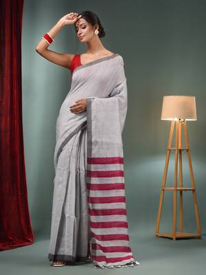 Grey Cotton Blend Handwoven Saree With Stripes Pallu 1