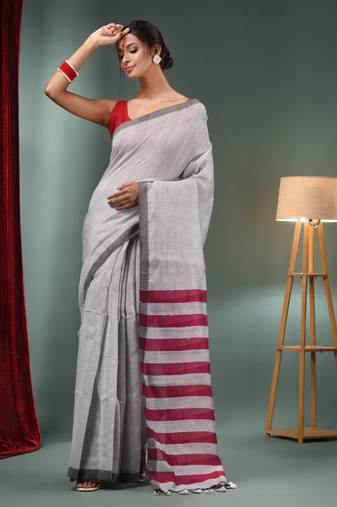 Grey Cotton Blend Handwoven Saree With Stripes Pallu
