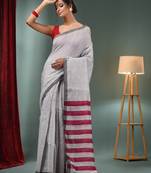 Grey Cotton Blend Handwoven Saree With Stripes Pallu
