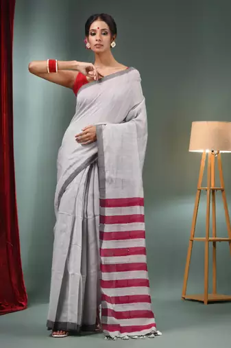 Grey Cotton Blend Handwoven Saree With Stripes Pallu