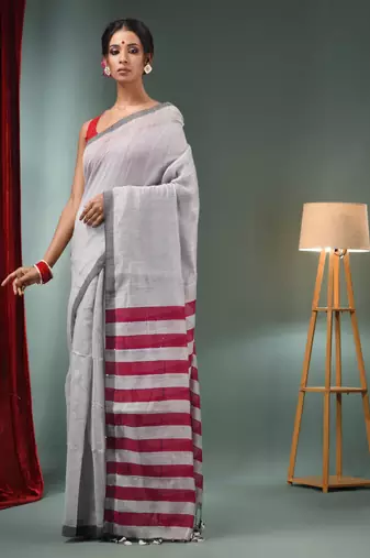 Grey Cotton Blend Handwoven Saree With Stripes Pallu