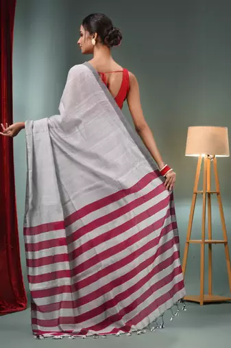Grey Cotton Blend Handwoven Saree With Stripes Pallu