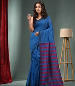 Sapphire Blue Cotton Blend Handwoven Saree With Stripes Pallu