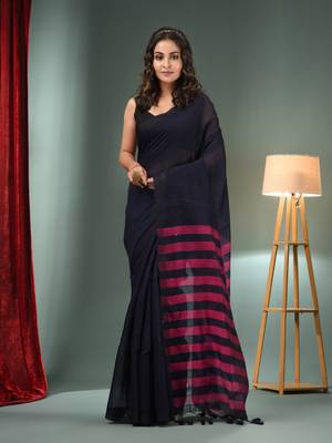 Black Cotton Blend Handwoven Saree With Stripes Pallu 1