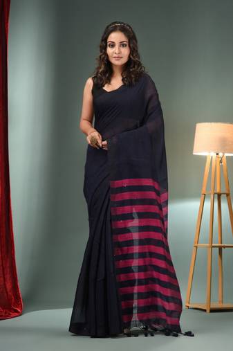 Black Cotton Blend Handwoven Saree With Stripes Pallu