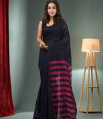 Black Cotton Blend Handwoven Saree With Stripes Pallu