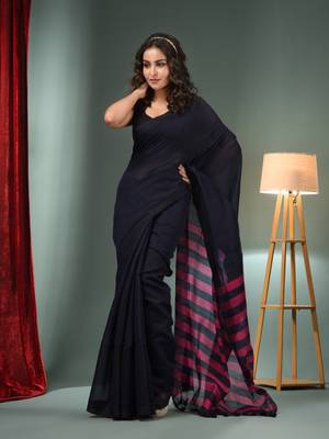 Black Cotton Blend Handwoven Saree With Stripes Pallu 2