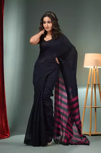 Black Cotton Blend Handwoven Saree With Stripes Pallu