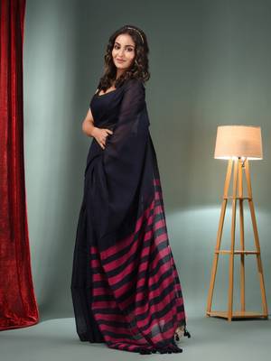 Black Cotton Blend Handwoven Saree With Stripes Pallu 3