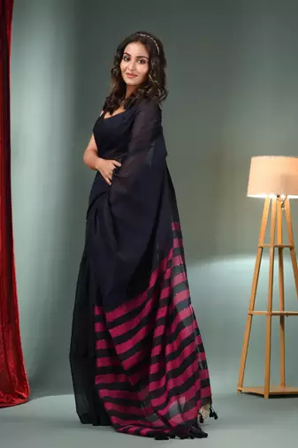 Black Cotton Blend Handwoven Saree With Stripes Pallu