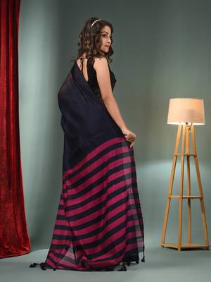 Black Cotton Blend Handwoven Saree With Stripes Pallu 4