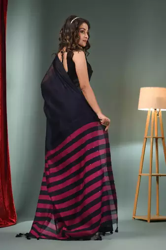 Black Cotton Blend Handwoven Saree With Stripes Pallu