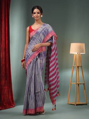 Grey And Blue Cotton Blend Handwoven Saree With Stripes Pallu 1