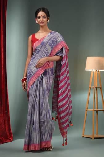 Grey And Blue Cotton Blend Handwoven Saree With Stripes Pallu