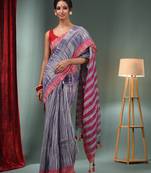 Grey And Blue Cotton Blend Handwoven Saree With Stripes Pallu