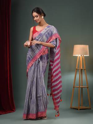 Grey And Blue Cotton Blend Handwoven Saree With Stripes Pallu 2