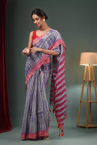 Grey And Blue Cotton Blend Handwoven Saree With Stripes Pallu