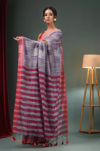 Grey And Blue Cotton Blend Handwoven Saree With Stripes Pallu