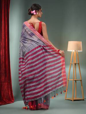Grey And Blue Cotton Blend Handwoven Saree With Stripes Pallu 4