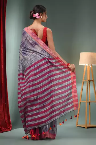 Grey And Blue Cotton Blend Handwoven Saree With Stripes Pallu