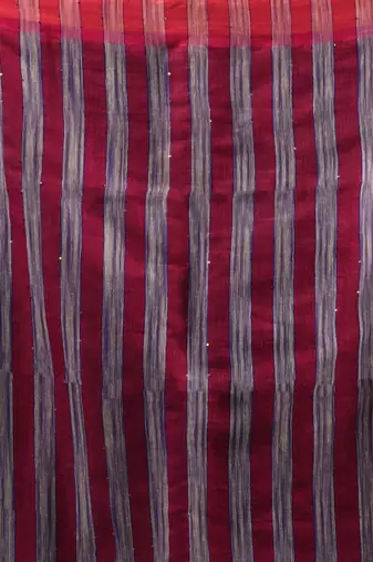 Grey And Blue Cotton Blend Handwoven Saree With Stripes Pallu
