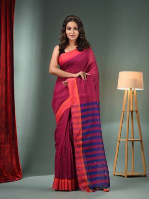 Magenta Cotton Blend Handwoven Saree With Stripes Pallu 1