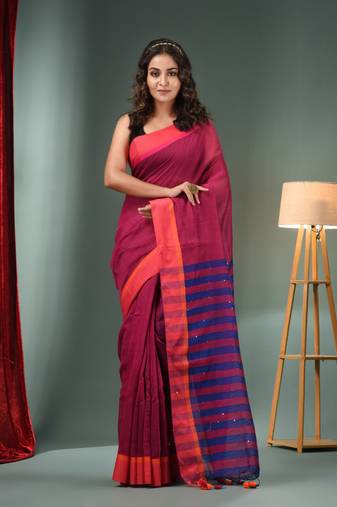 Magenta Cotton Blend Handwoven Saree With Stripes Pallu
