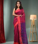 Magenta Cotton Blend Handwoven Saree With Stripes Pallu