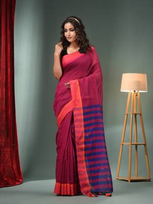Magenta Cotton Blend Handwoven Saree With Stripes Pallu 2