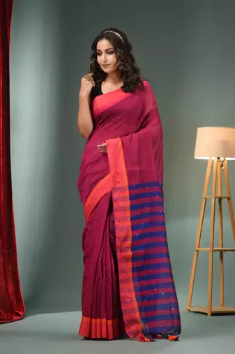 Magenta Cotton Blend Handwoven Saree With Stripes Pallu