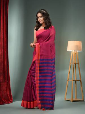 Magenta Cotton Blend Handwoven Saree With Stripes Pallu 3