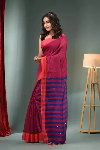 Magenta Cotton Blend Handwoven Saree With Stripes Pallu