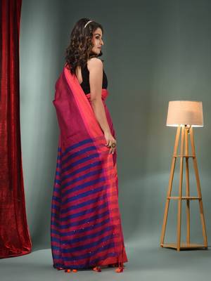 Magenta Cotton Blend Handwoven Saree With Stripes Pallu 4