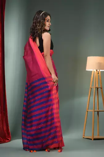 Magenta Cotton Blend Handwoven Saree With Stripes Pallu