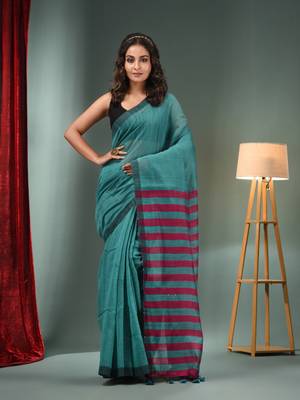 Teal Cotton Blend Handwoven Saree With Stripes Pallu 1