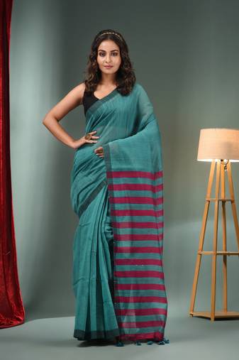 Teal Cotton Blend Handwoven Saree With Stripes Pallu