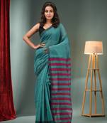 Teal Cotton Blend Handwoven Saree With Stripes Pallu