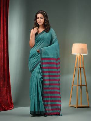 Teal Cotton Blend Handwoven Saree With Stripes Pallu 2