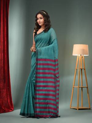 Teal Cotton Blend Handwoven Saree With Stripes Pallu 3