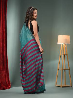 Teal Cotton Blend Handwoven Saree With Stripes Pallu 4