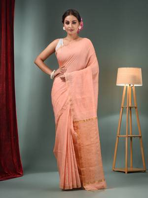 Peach Matka Handwoven Saree With Zari Border 1