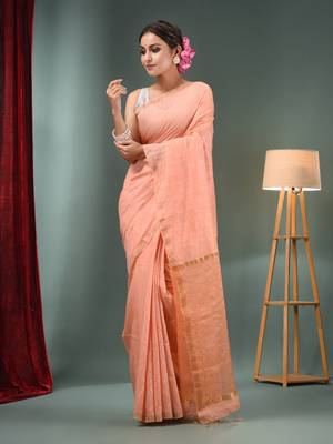 Peach Matka Handwoven Saree With Zari Border 2